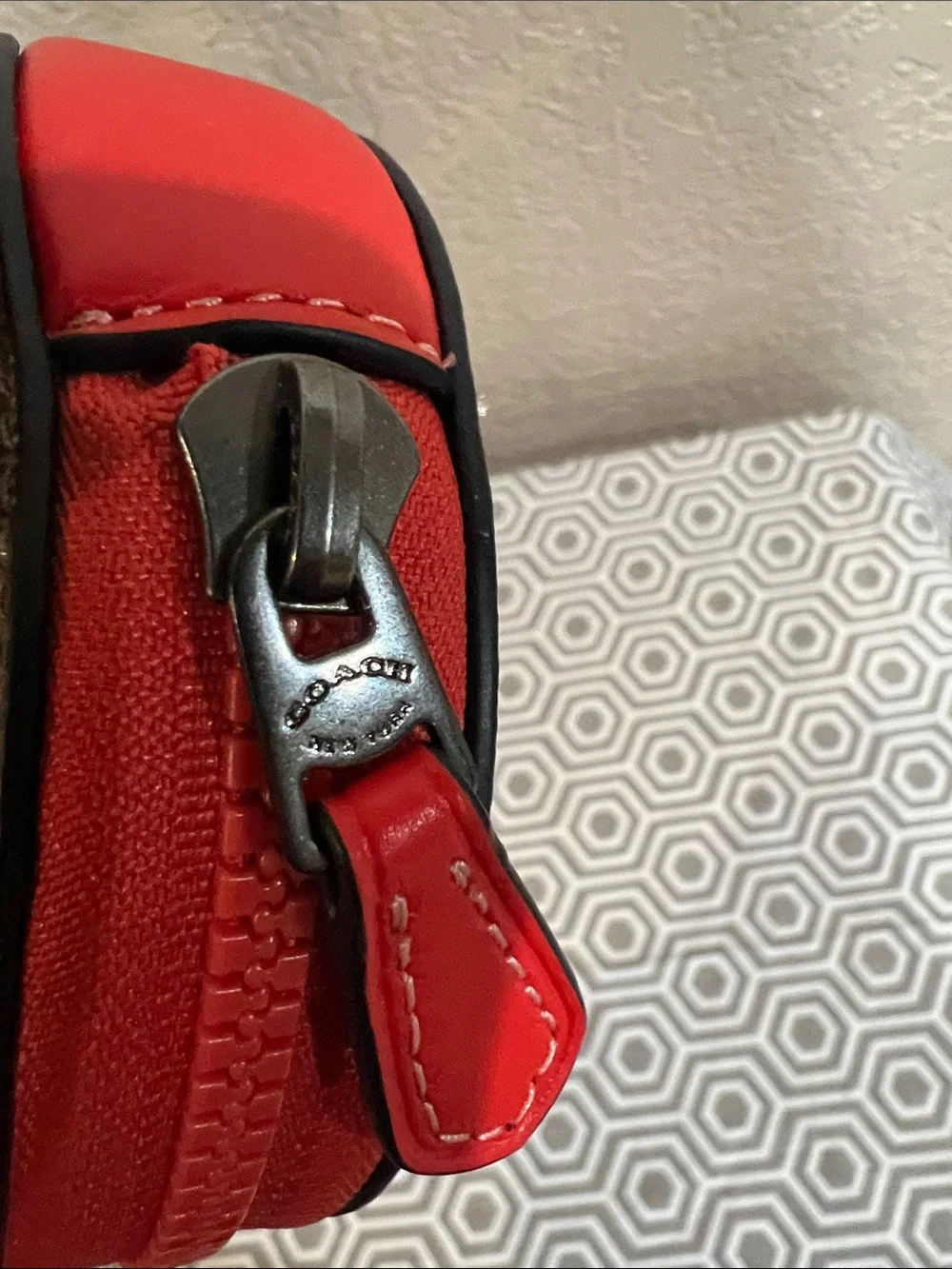 Coach Brown Signature Round Coin Case with Red Trim
